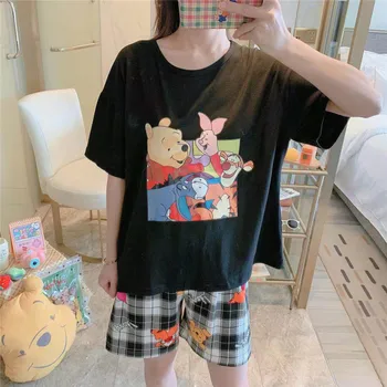 Disney Dievča cartoon Mickey Minnie kačica medveď tlač letné voľné-krátke rukávy šortky tenké pyžamo vyhovovali Harajuku štýl oblečenie