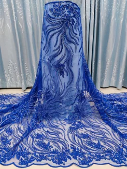 (5yards/pc) Vysoká kvalita bohaté trubice korálky vyšívané Afriky tylu čipky textílie kráľovská modrá francúzska čistý čipky na spoločenské šaty FYY087