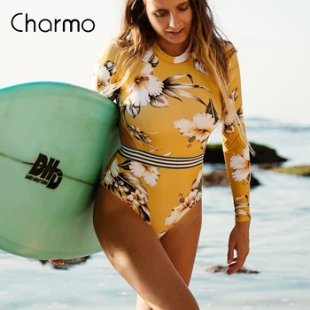 Charmo Žien Jeden Kus Surfsuit Obleku Plavky Dlhý Rukáv Vytlačené Jeden Kus Bikini Vyrážka Stráže UPF+50